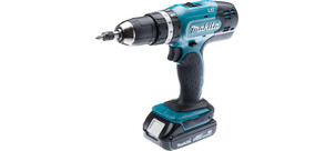 Ein kabelloser Akkuschrauber mit blauem Gehäuse und schwarz gummiertem Griff.